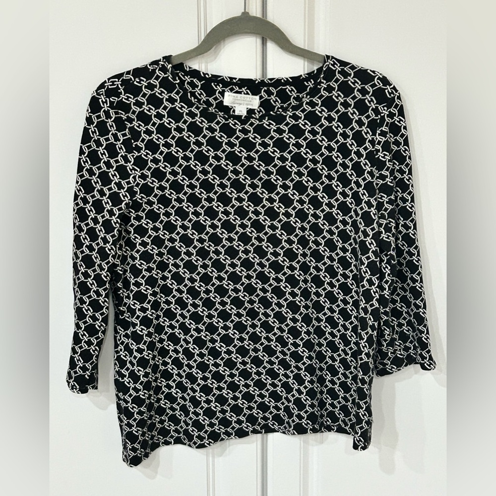 Charter Club Luxury Pima Cotton Petite Large Chain Print 3/4 Sleeve Top Black